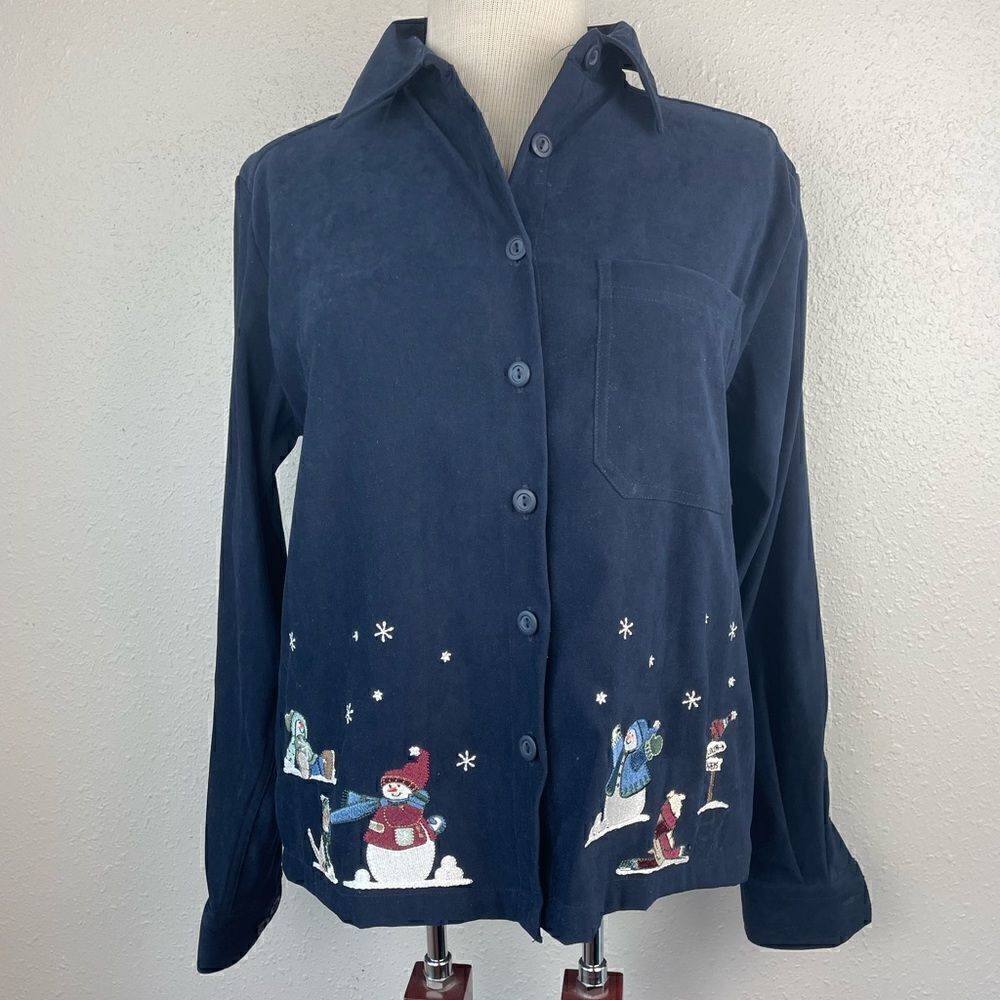 EUC Christopher & Banks Womens Button Down Blue Snowman Shirt Size S